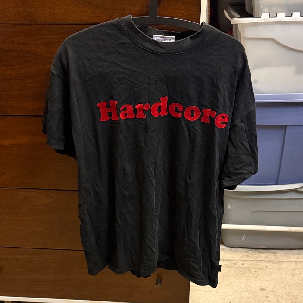 Black GCDS T-Shirt with Red 'Hardcore' Flocking